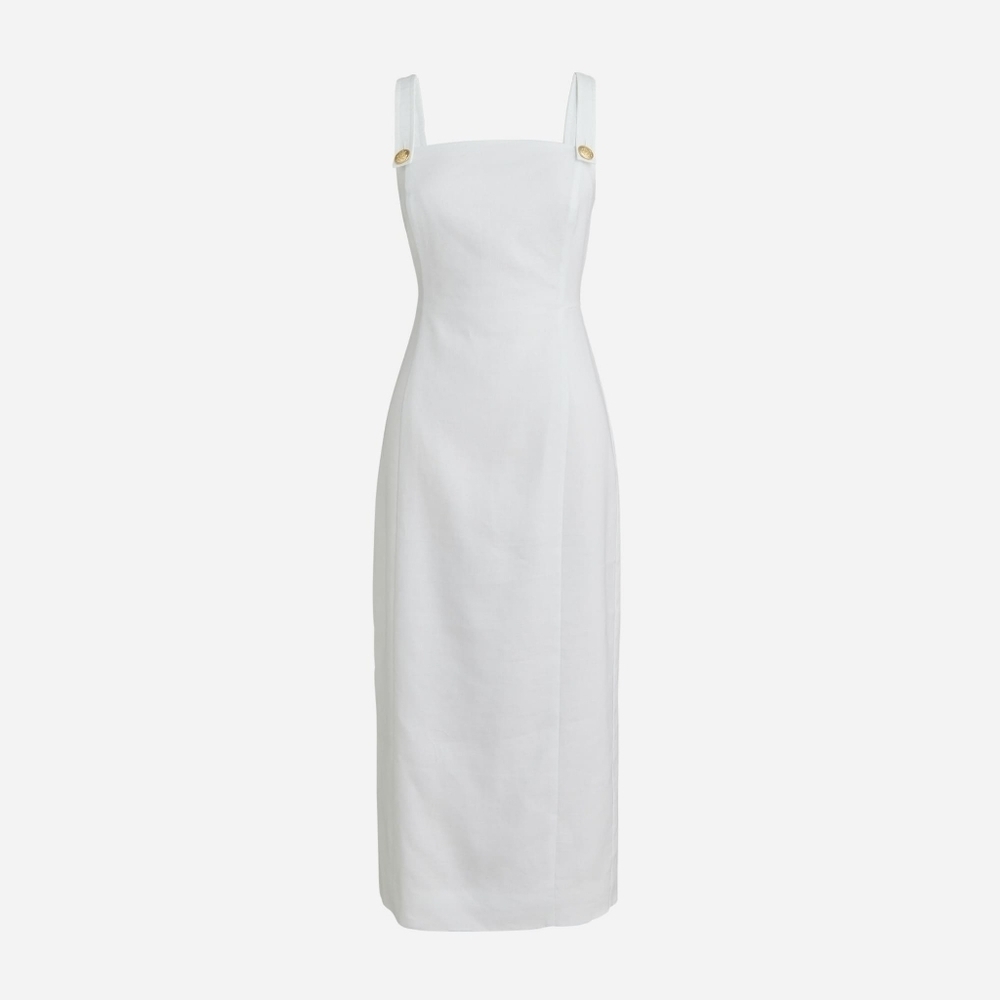 White Square-Neck Midi Dress with Button-Strap Detail